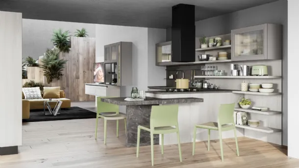 Cucina Moderna Smart finitura Frassino Bianco Alpino con penisola in laminato Marmo nuvolato di Creo