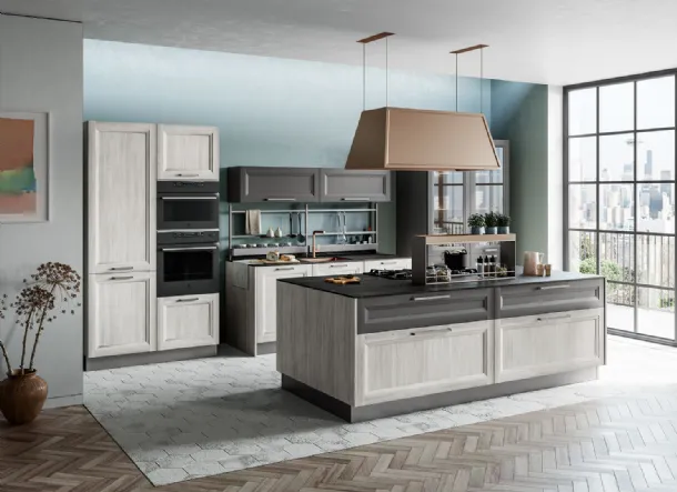 Cucina Moderna Smart con isola finitura Rovere Greige e Pet Carbone Supermatt di Creo
