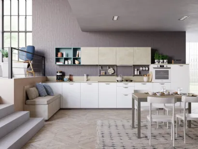 Cucina Moderna lineare Tablet Wood 08 in Rovere Bianco e melaminico effetto marmo di Creo