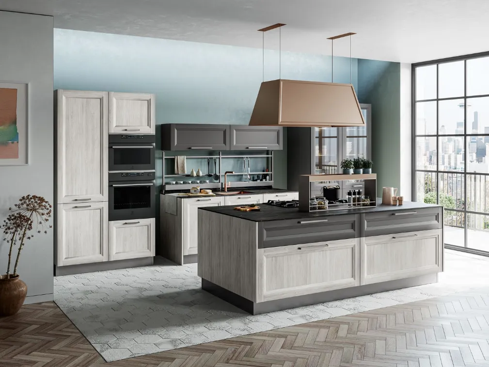 Cucina Moderna Smart con isola finitura Rovere Greige e Pet Carbone Supermatt di Creo
