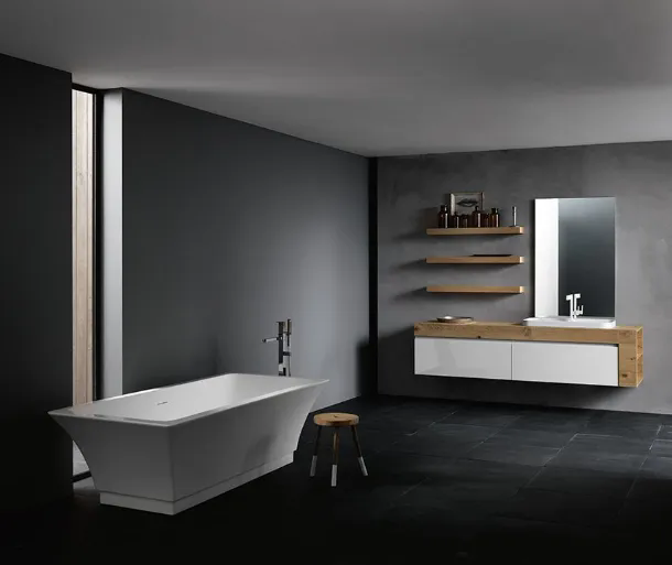Mobile da Bagno sospeso con piano in legno di rovere e frontali in laccato bianco lucido INK NK13 Compab