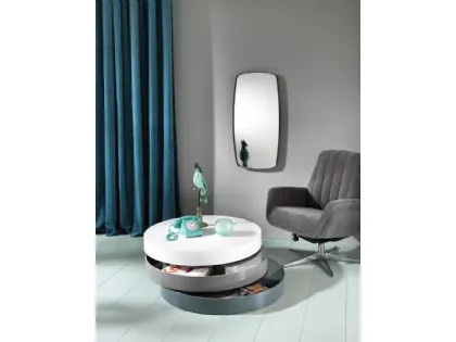 Tavolino Twist 1 in MDF composto da tre ripiani contenitori girevoli laccati, bianco, grigio chiaro e grigio scuro di Stones