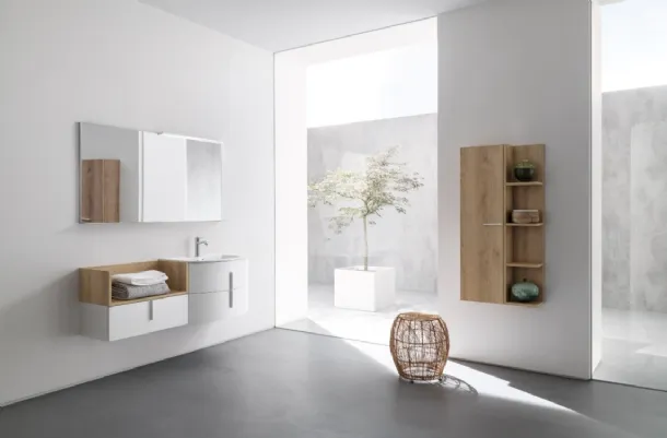 Mobile da Bagno sospeso in nobilitato bianco opaco e effetto legno B201 BD026 di Compab
