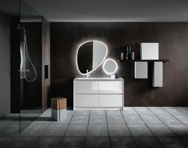 Mobile Bagno da appoggio in laccato bianco lucido e lavabo in Mineralguss INK NK09 di Compab