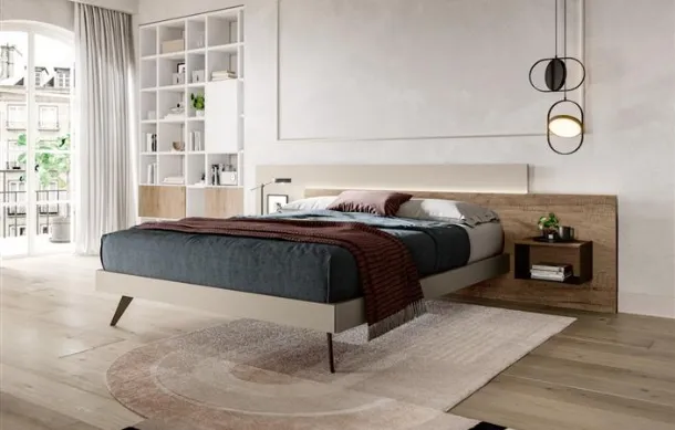 Letto moderno con testiera in nobilitato essenza Rovere vintage e laccato opaco Duo di Villanova