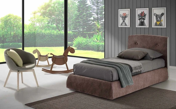 Letto singolo in tessuto imbottito Fenix con box contenitore di Rimar