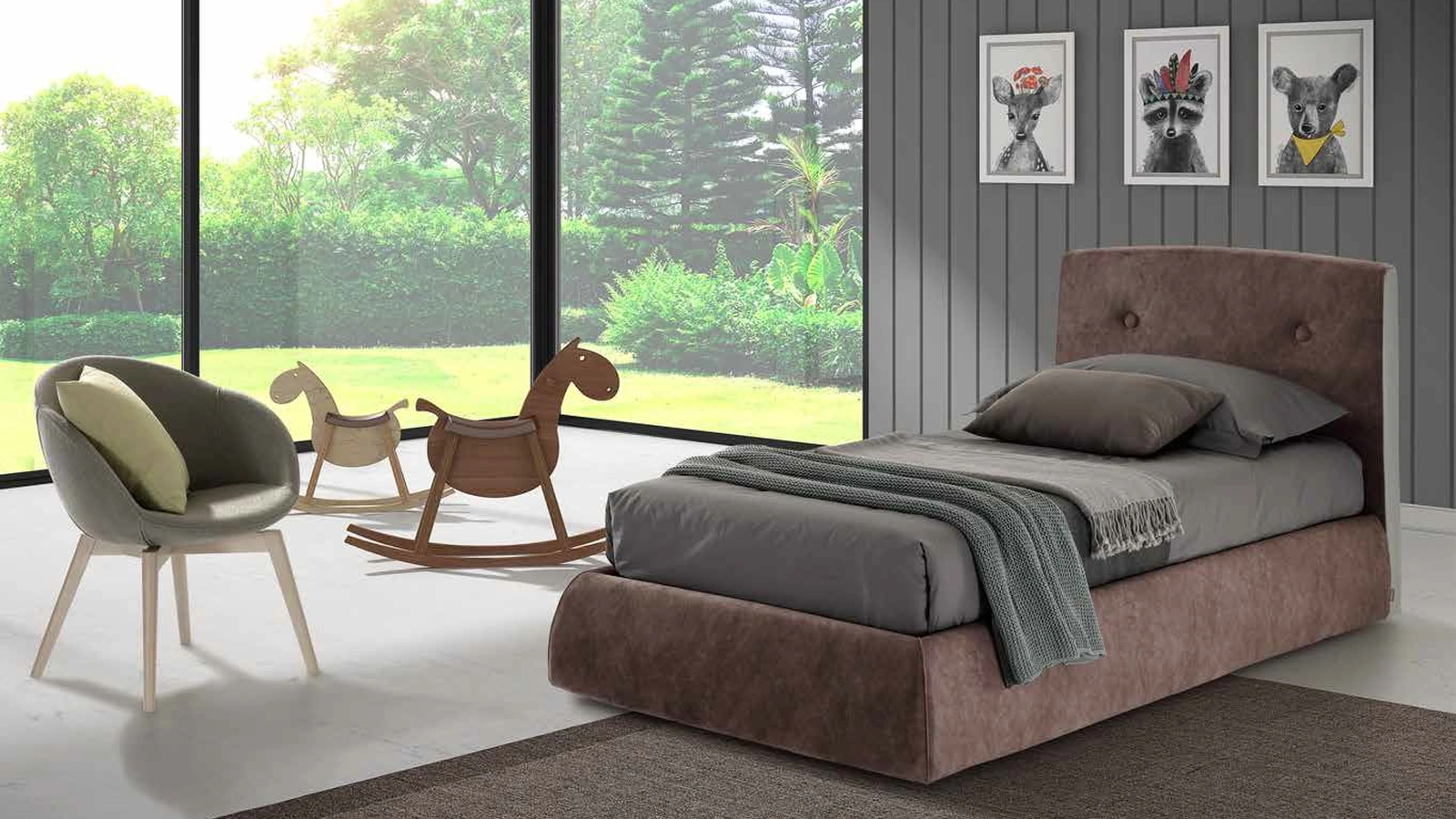 Letto singolo in tessuto imbottito Fenix con box contenitore di Rimar