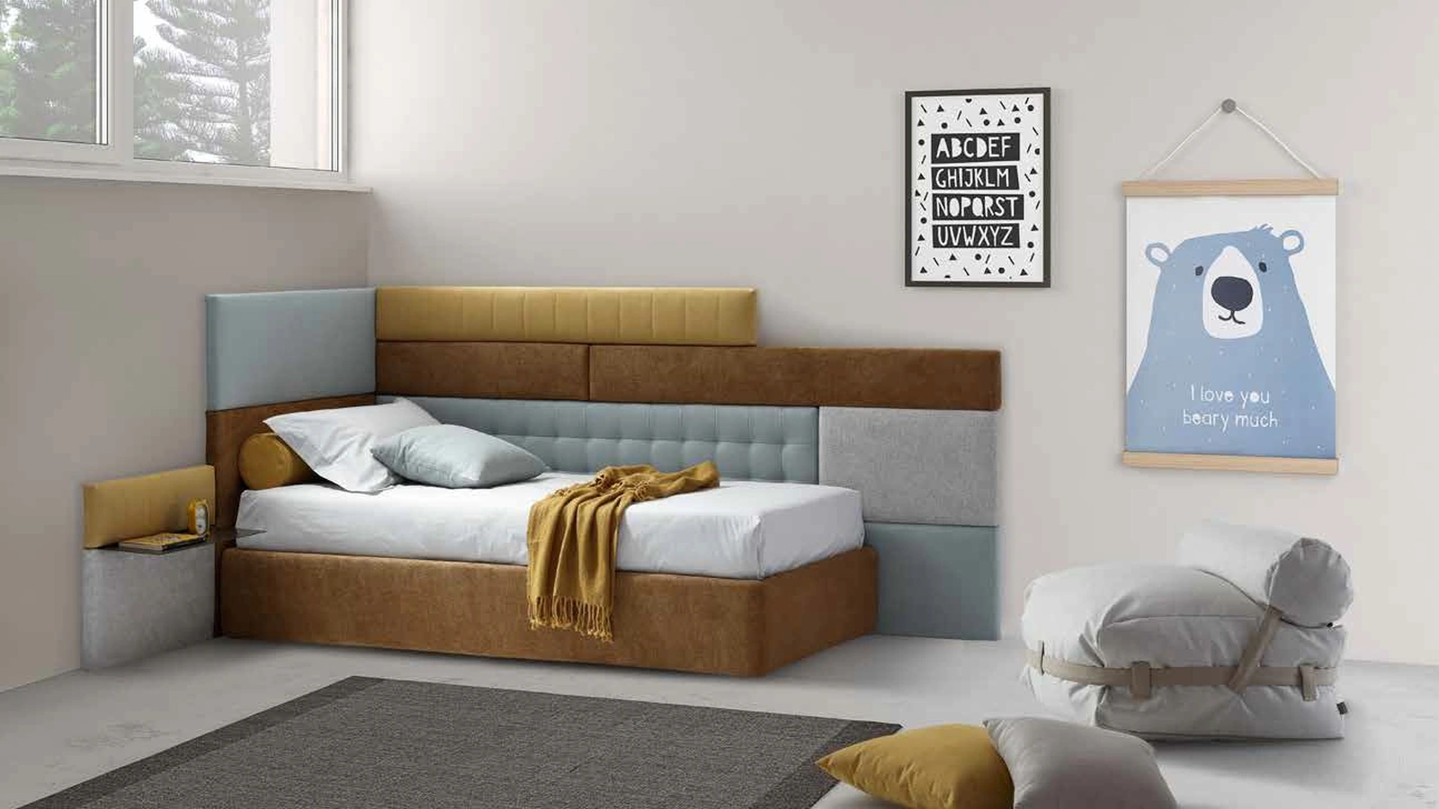 Letto singolo in tessuto imbottito Lego 01 di Rimar