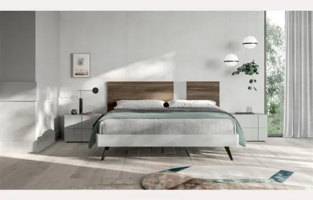 Letto matrimoniale moderno in nobilitato essenza legno e laccato opaco Trio di Villanova
