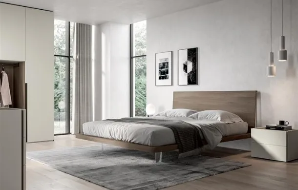 Letto dal design moderno semplice e lineare con testiera in nobilitato essenza Olmo juta e piedini trasparenti Zeo di Villanova