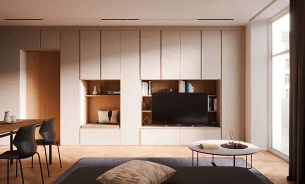 Parete Attrezzata Living in melaminico Bianco e Rovere Modul Box di Nardi Interni