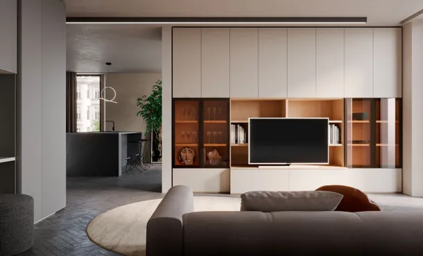 Parete Attrezzata Living in melaminico Rovere e Tortora Modul Box di Nardi Interni
