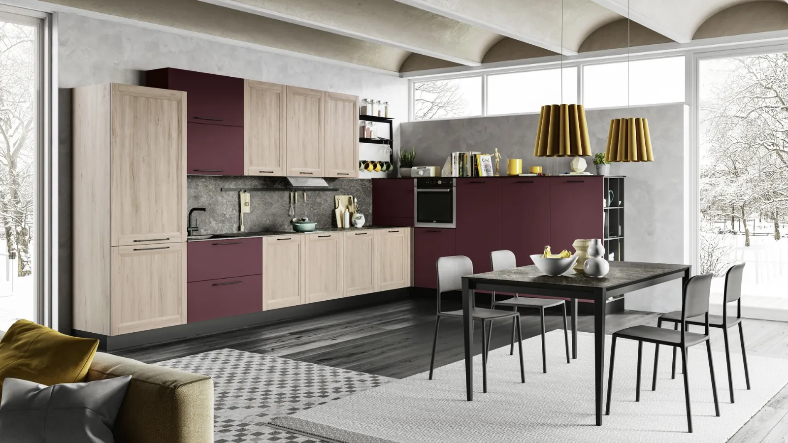 Cucina Moderna Smart angolare finitura Betulla e Rosso di Creo