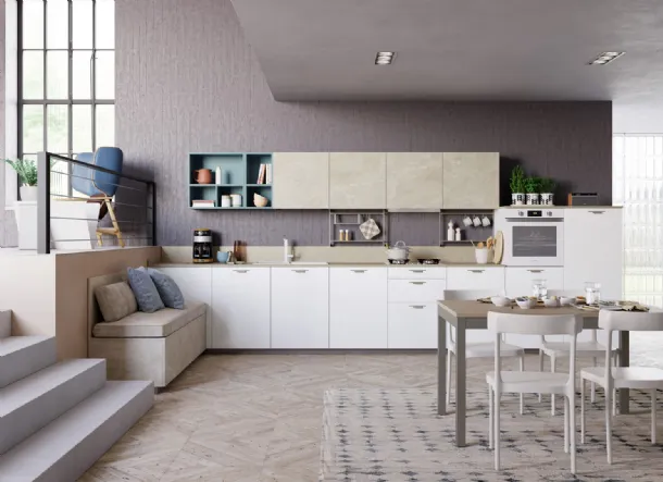 Cucina Moderna Tablet Wood lineare in Rovere Bianco e melaminico effetto marmo di Creo