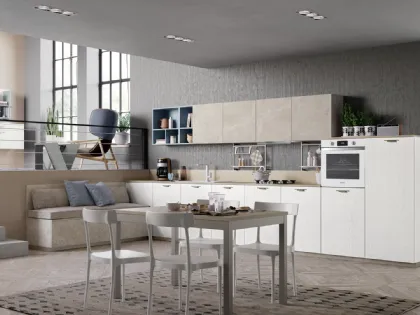 Cucina Moderna Tablet Wood lineare in Rovere Bianco e melaminico effetto marmo di Creo