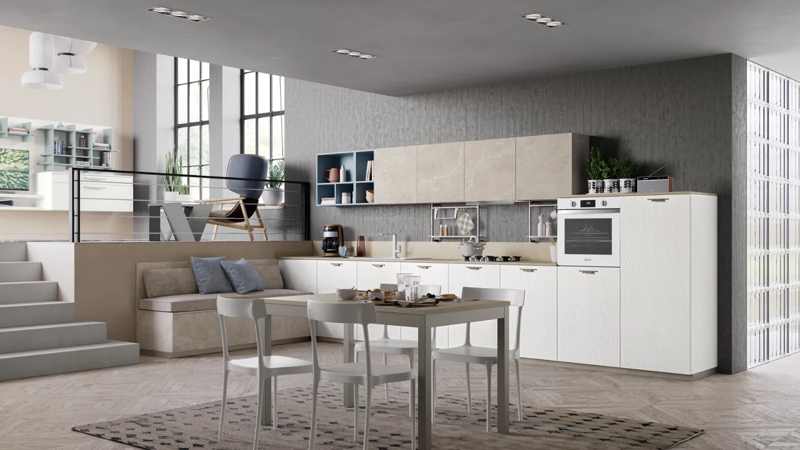 Cucina Moderna Tablet Wood lineare in Rovere Bianco e melaminico effetto marmo di Creo