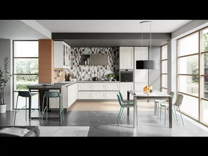 Cucina Moderna con penisola Smart finitura Frassino Bianco Alpino e Pet Gesso Supermatt di Creo