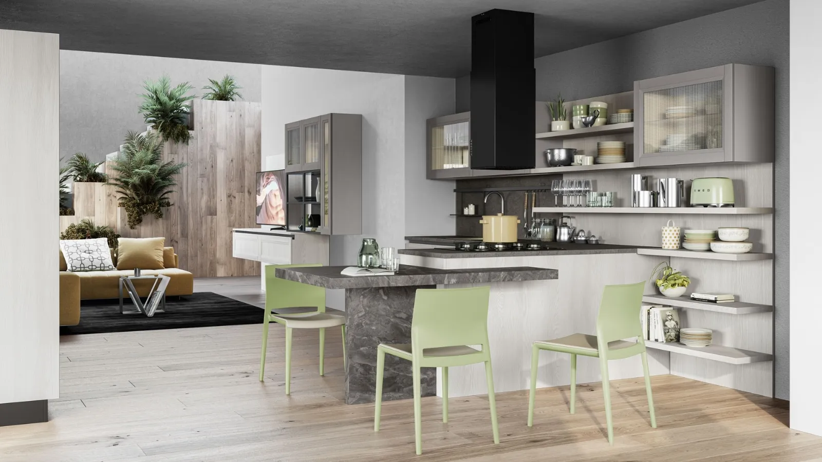 Cucina Moderna Smart finitura Frassino Bianco Alpino con penisola in laminato Marmo nuvolato di Creo