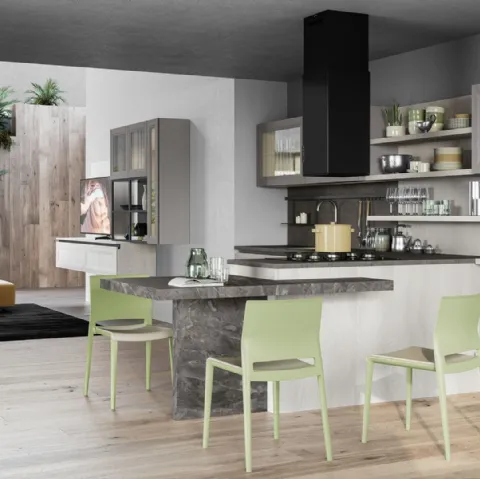 Cucina Moderna Smart finitura Frassino Bianco Alpino con penisola in laminato Marmo nuvolato di Creo