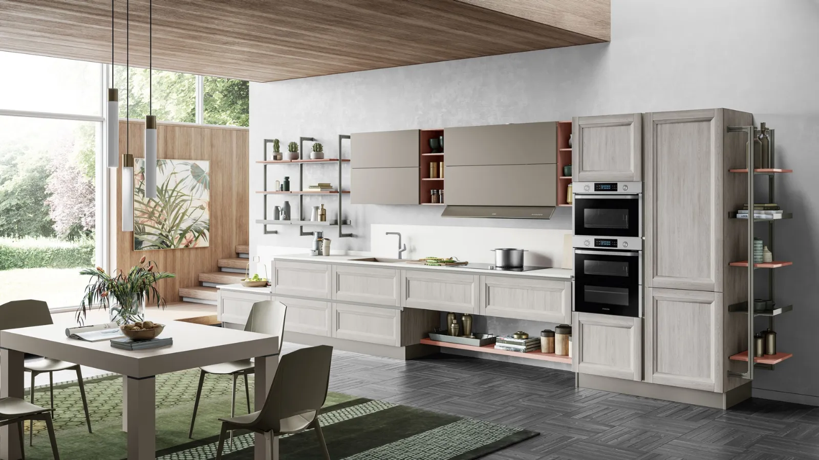 Cucina Moderna Smart lineare finitura Rovere Greige e Arena Softmatt di Creo