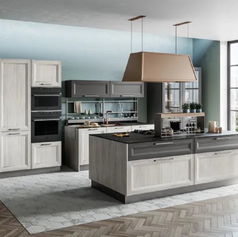 Cucina Moderna Smart con isola finitura Rovere Greige e Pet Carbone Supermatt di Creo