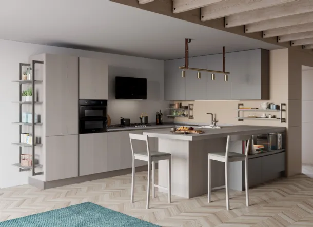 Cucina Moderna Tablet Wood con penisola in Rovere Grey e laccato opaco Ardesia di Creo