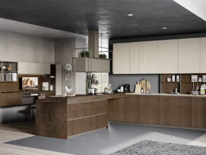 Cucina Moderna con penisola Tablet Wood in Rovere Moscato e laccato lucido di Creo