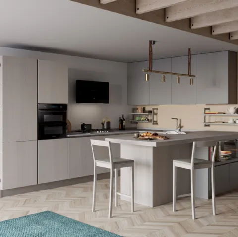 Cucina Moderna Tablet Wood con penisola in Rovere Grey e laccato opaco Ardesia di Creo