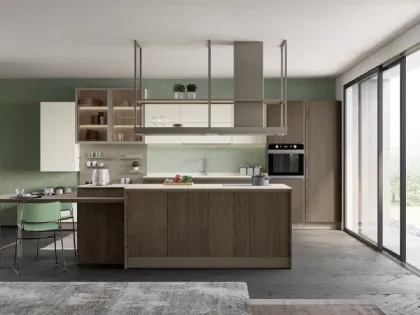Cucina Moderna con isola Tablet Wood in Rovere fumé e melaminico Porcellana di Creo