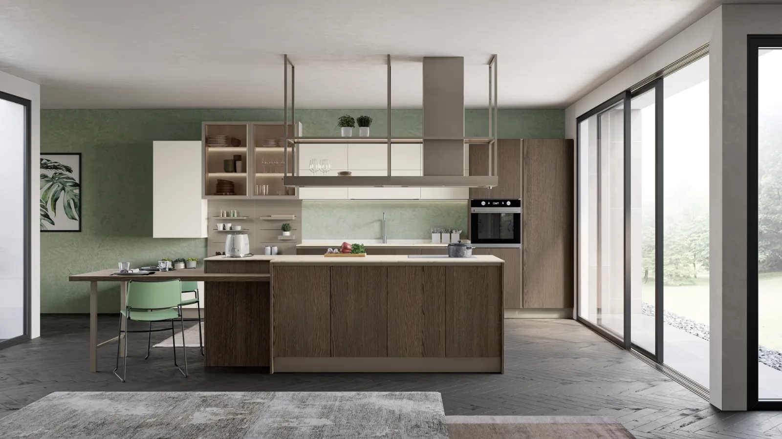 Cucina Moderna con isola Tablet Wood in Rovere fumé e melaminico Porcellana di Creo