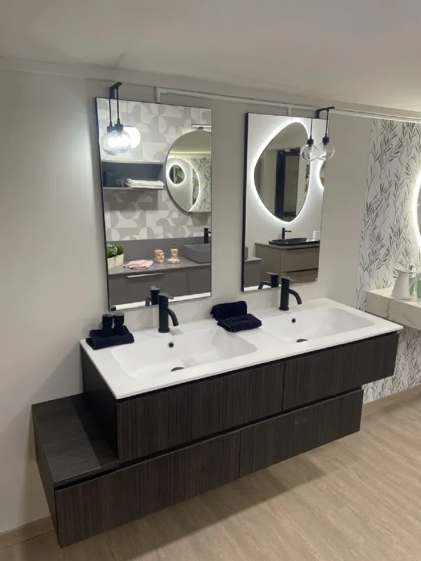 Mobile bagno cannettato sospeso asimmettrico con top con vasche integrate