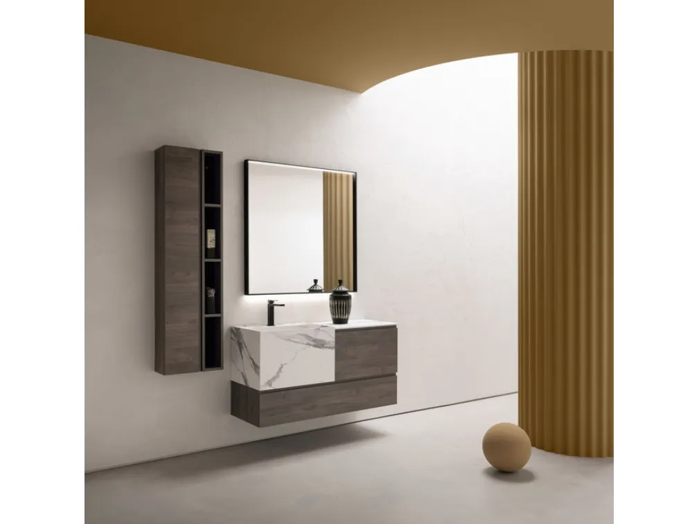 Mobile da Bagno sospeso in nobilitato effetto legno con vasca in HPL effetto marmo B-GO BG011 di Compab