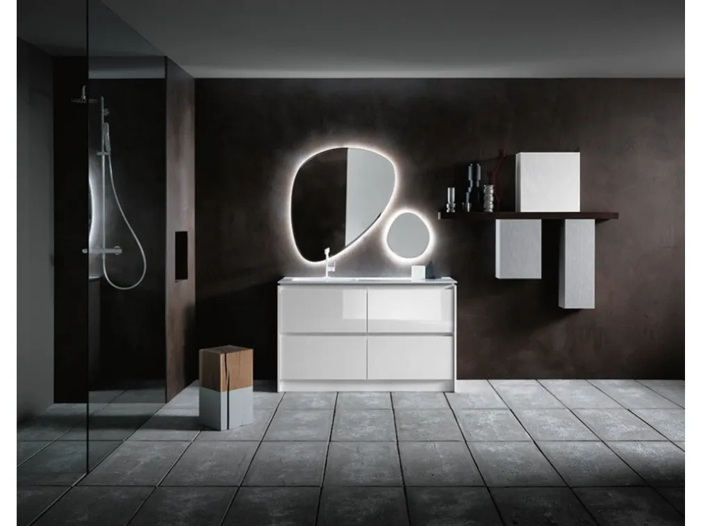 Mobile Bagno da appoggio in laccato bianco lucido e lavabo in Mineralguss INK NK09 di Compab