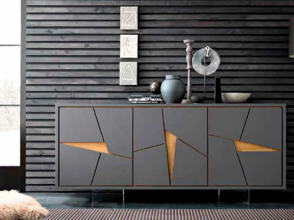 Madia in laccato Antracite a 3 ante sfaccettate con intarsi in legno Special di FGF Mobili