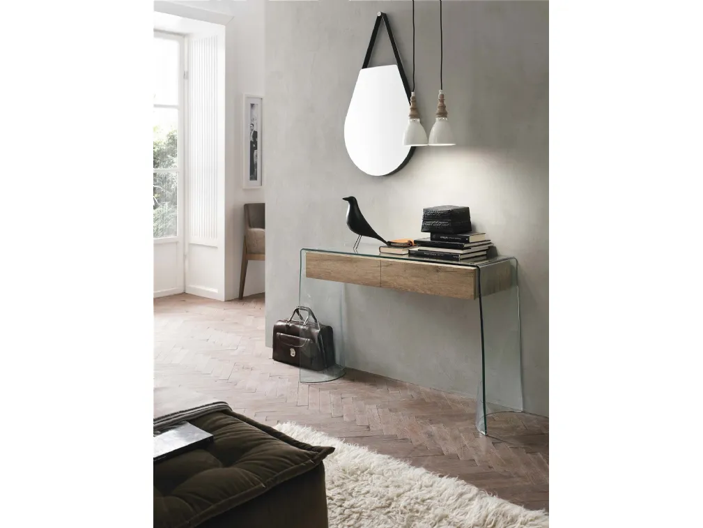 Mobile ingresso consolle Escape in vetro con cassetti in laminato effetto legno di Target Point