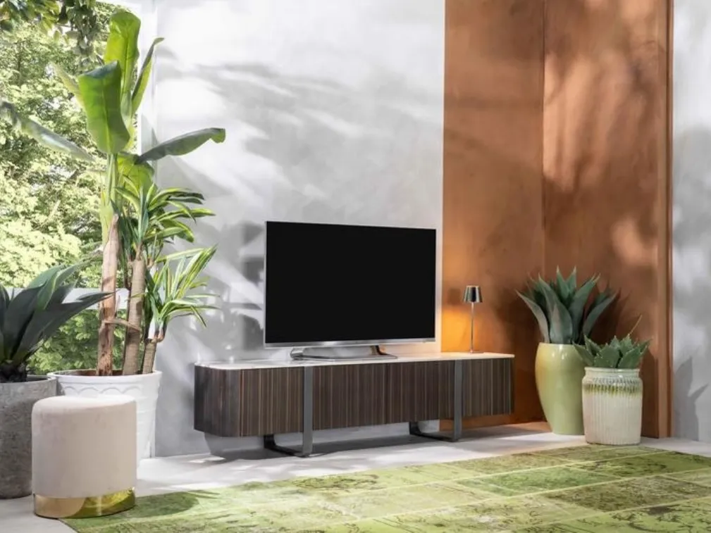 Mobile Porta Tv Andromeda in MDF impiallacciato finitura ebano con top in ceramica marmo calacatta oro di Stones