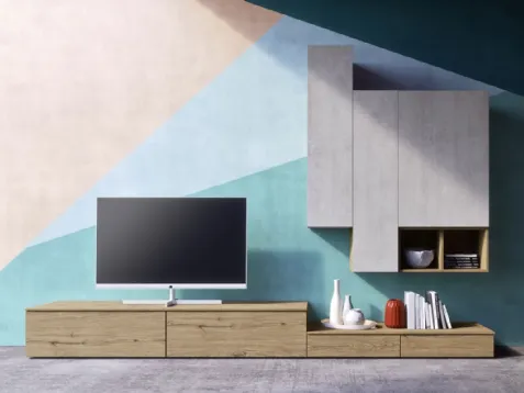 Parete Attrezzata in legno con pensili in finitura concrete Comp 19 di Mab