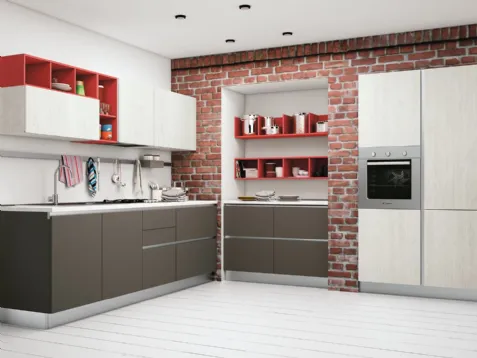 Cucina Moderna lineare Ank in laccato opaco Fango e melaminico Rovere Bianco di Creo