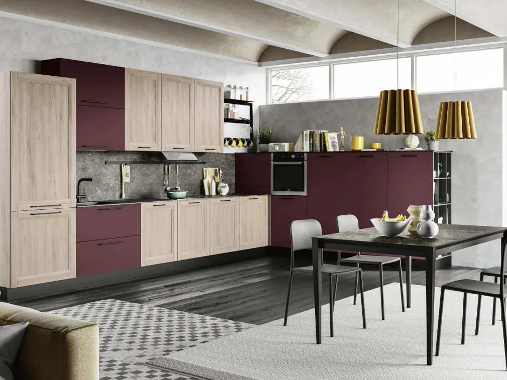 Cucina Moderna lineare sospesa Smart finitura Betulla e Rosso Cardinale di Creo