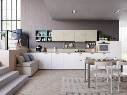 Cucina Moderna Tablet Wood lineare in Rovere Bianco e melaminico effetto marmo di Creo
