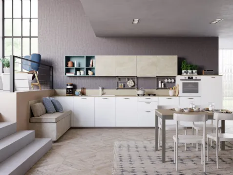 Cucina Moderna Tablet Wood lineare in Rovere Bianco e melaminico effetto marmo di Creo