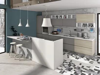 Cucina Moderna con penisola Jey Feel 10 in melaminico Grigio Antracite e Rovere Diamond di Creo