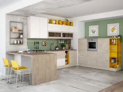 Cucina Moderna con penisola Jey Feel 09 finitura opaca marmorizzata Trani e Bianco opaco di Creo