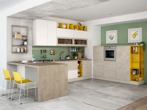 Cucina Moderna con penisola Jey Feel 09 finitura opaca marmorizzata Trani e Bianco opaco di Creo