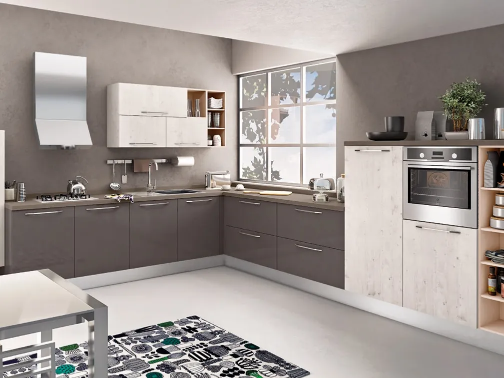 Cucina Moderna angolare Kyra 03 in laccato lucido Fango e melaminico Abete Nordico Bianco di Creo