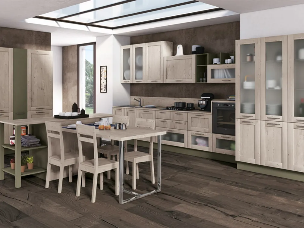 Cucina Moderna lineare Kyra Telaio in melaminico Abete Nordico Bianco e laccato opaco Verde Lichene di Creo