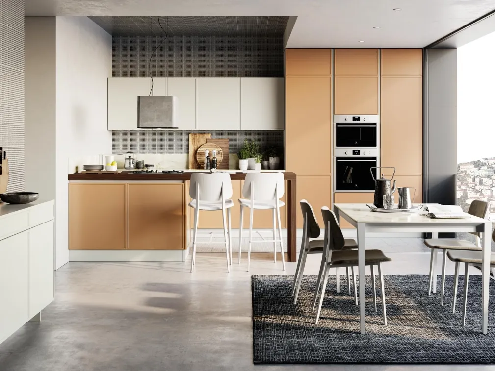Cucina Moderna Rewind in laccato Cannella con penisola di Creo