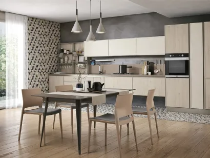 Cucina Moderna lineare Rewind 06 finitura Pine Cipria e laccato opaco Polvere di Creo