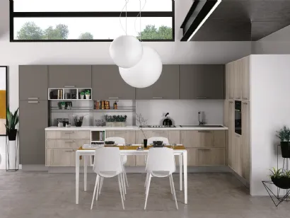 Cucina Moderna angolare Rewind finitura Rovere gessato e laccato opaco Grigio Piombo di Creo