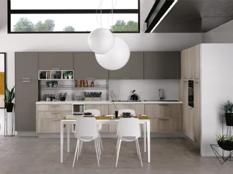 Cucina Moderna angolare Rewind 08 finitura Rovere gessato e laccato opaco Grigio Piombo di Creo